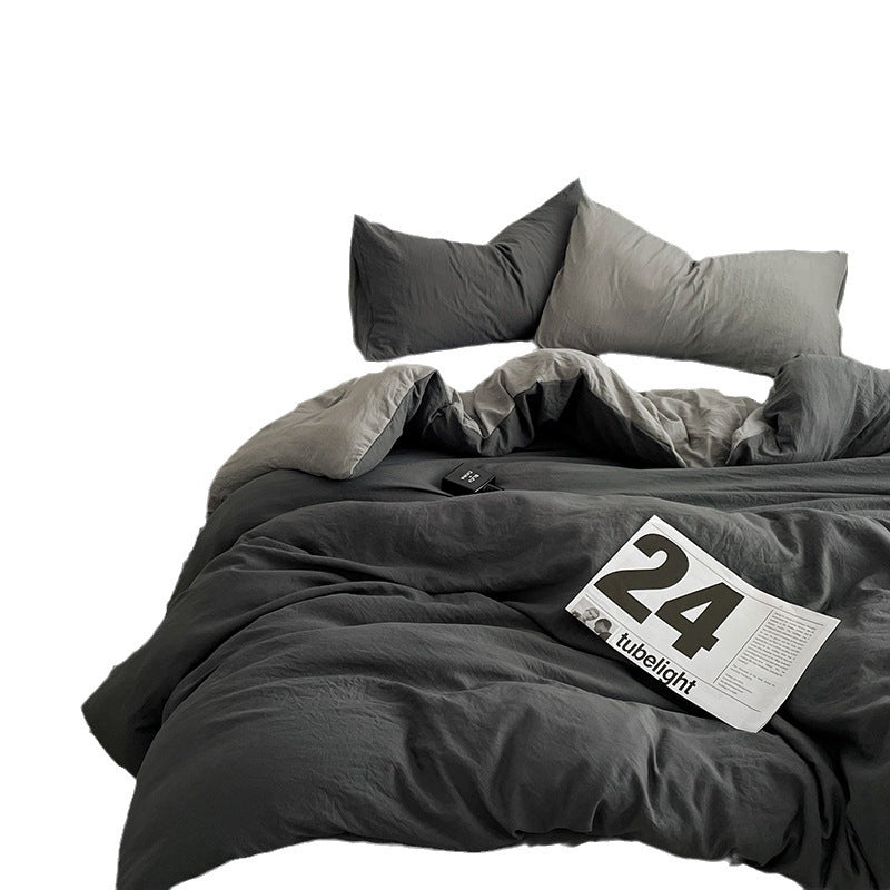 Japanese Solid Color Double Spliced Washed Cotton Four-Piece Set Minimalist Style Quilt Cover Bed Sheet Fitted Sheet Dormitory Bedding Three-Piece Set Wholesale eprolo