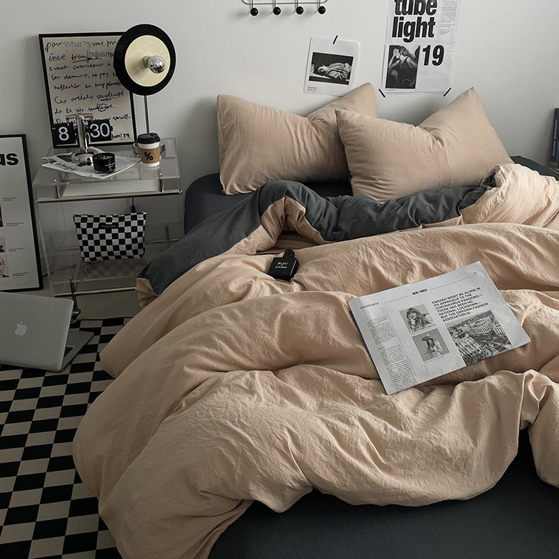 Japanese Solid Color Double Spliced Washed Cotton Four-Piece Set Minimalist Style Quilt Cover Bed Sheet Fitted Sheet Dormitory Bedding Three-Piece Set Wholesale eprolo