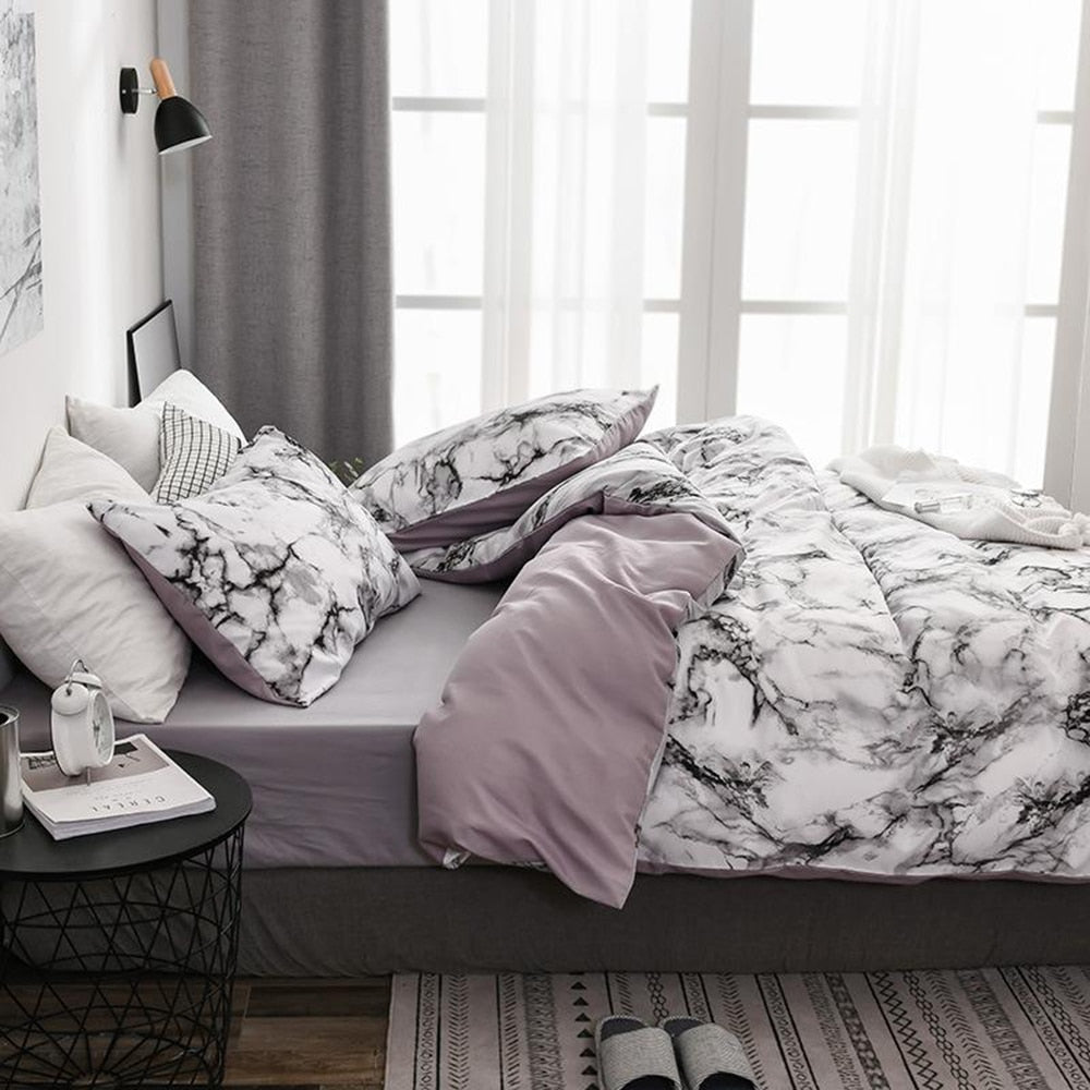 The Bedroom Bedding Is A Comfortable White Marble Pattern Printed Duvet Cover (2/3 Piece Set) eprolo