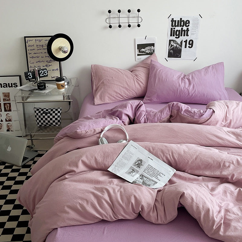 Japanese Solid Color Double Spliced Washed Cotton Four-Piece Set Minimalist Style Quilt Cover Bed Sheet Fitted Sheet Dormitory Bedding Three-Piece Set Wholesale eprolo