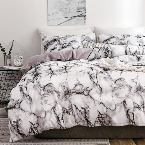 The Bedroom Bedding Is A Comfortable White Marble Pattern Printed Duvet Cover (2/3 Piece Set) eprolo