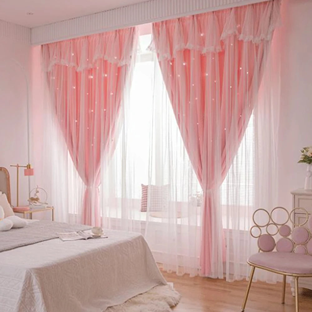 Cute Pink Star Cutout Window Curtain, Blackout Solid Color Curtain, Lace Trim Decorative Curtain Panel for Bedroom, Girls Room,
